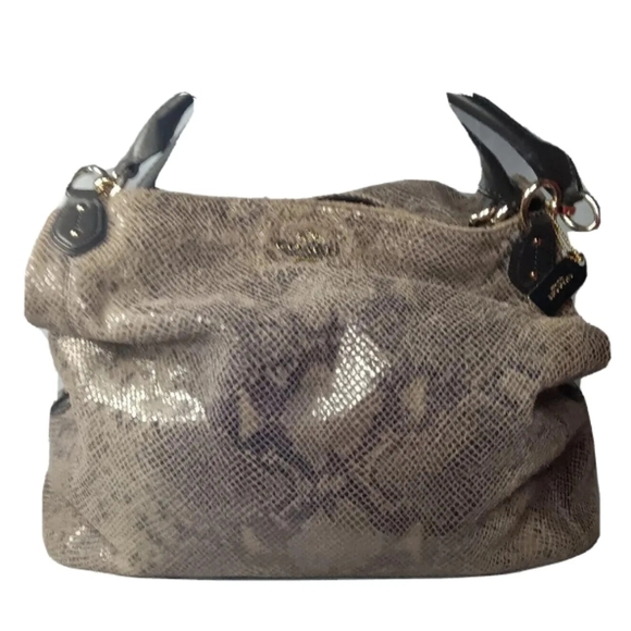 Coach Leather Madison Maggie Hobo #F33443 Handbag Snakeskin Print Beige & Brown - Picture 6 of 15